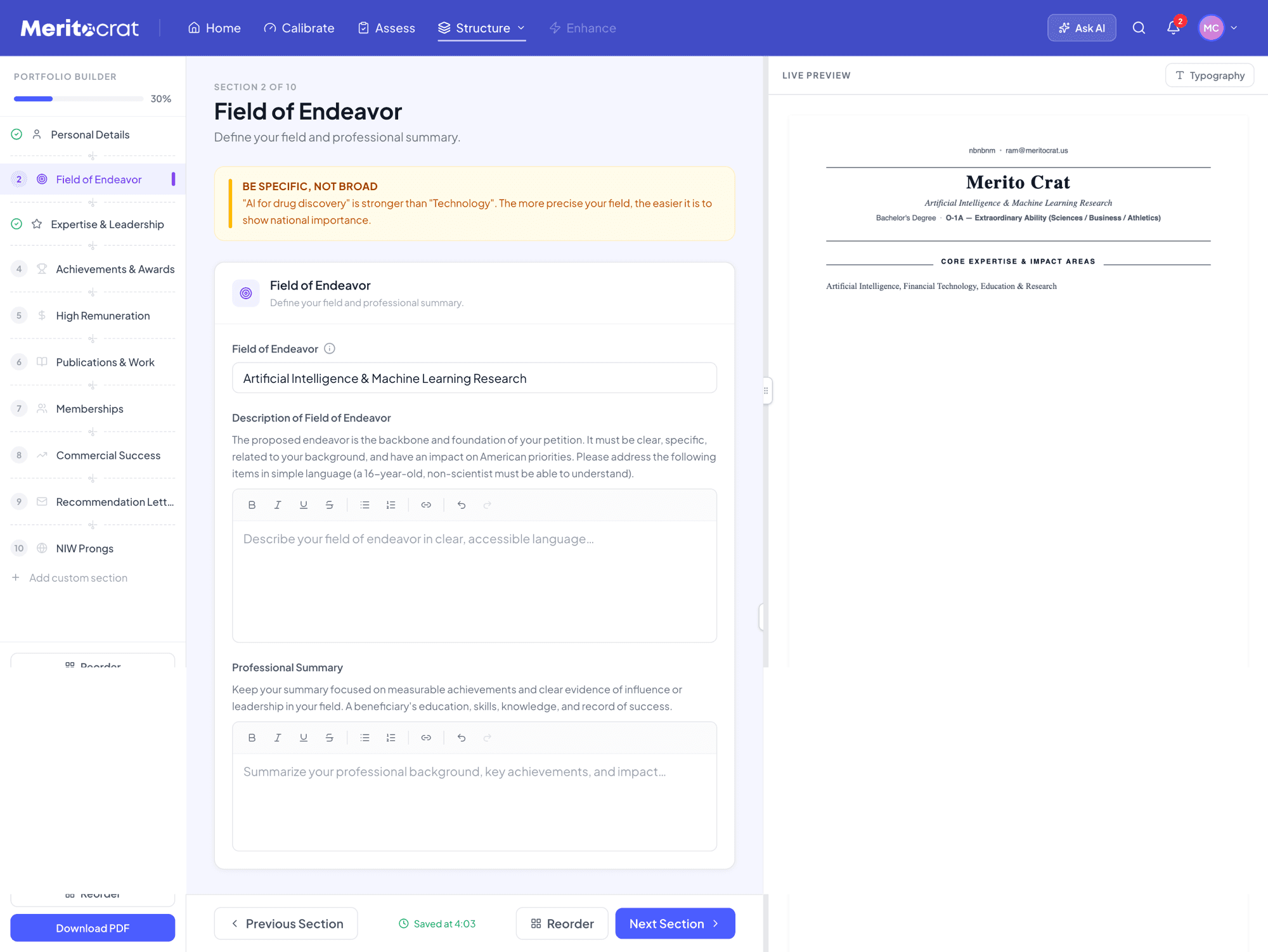 Meritocrat Portfolio Builder
