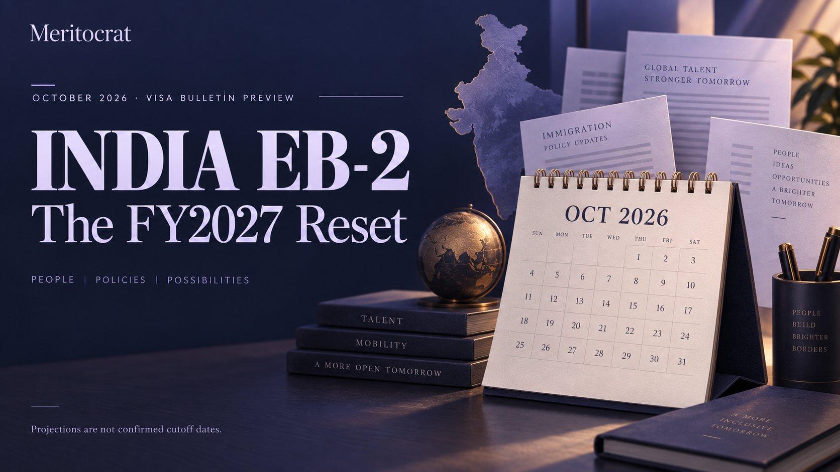 Editorial illustration of an October 2026 calendar and documents for an India EB-2 visa bulletin preview.