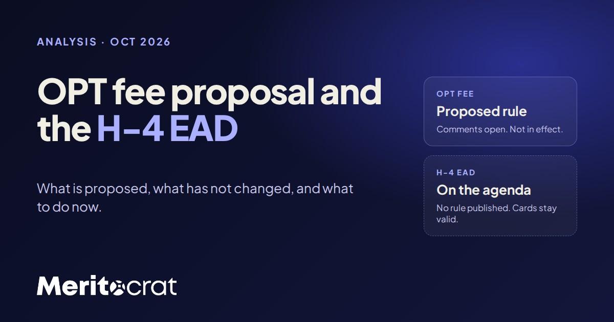 Meritocrat graphic reading OPT fee proposal and the H-4 EAD, with notes that the OPT fee is a proposed rule and the H-4 EAD change is only on the agenda.