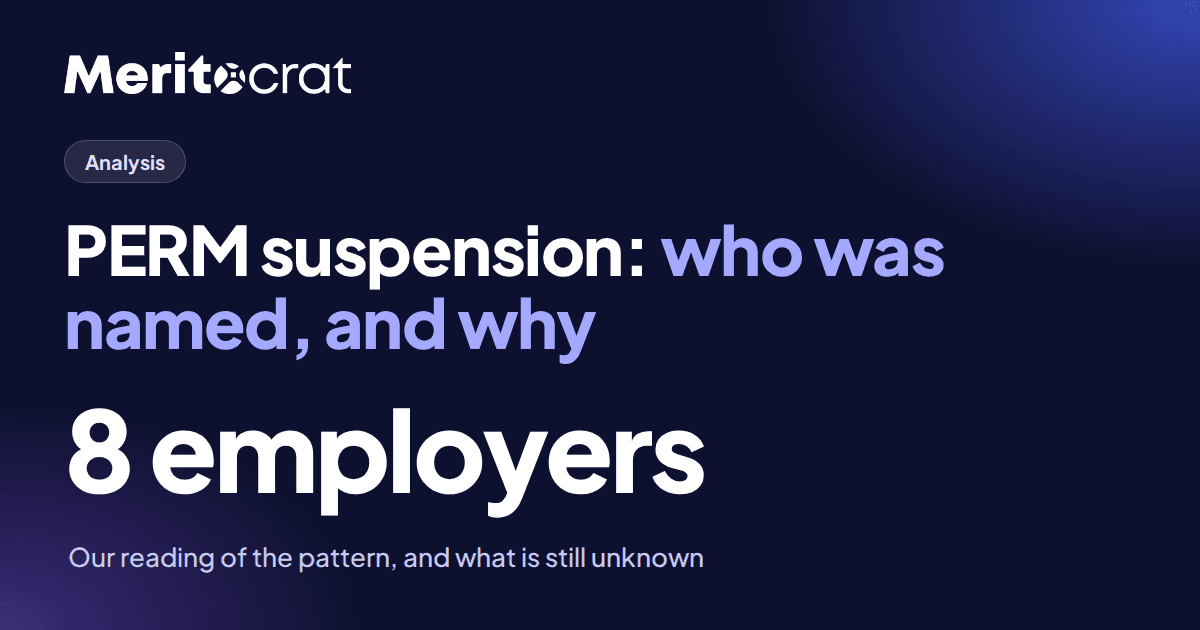Graphic: PERM suspension, eight employers named, what it signals and what we do not know.